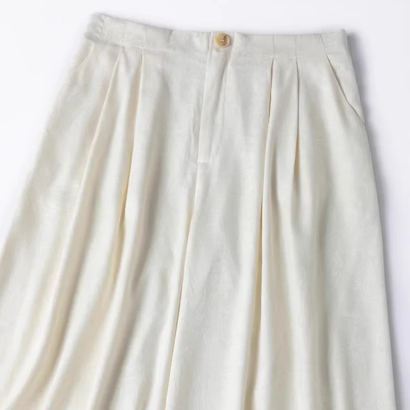 Birdtree 28M 100% Real Spun Silk Solid Pants,Women Jacquard Elastic Waist Autumn French Style Wide Leg Pant With Pocket P58002JF