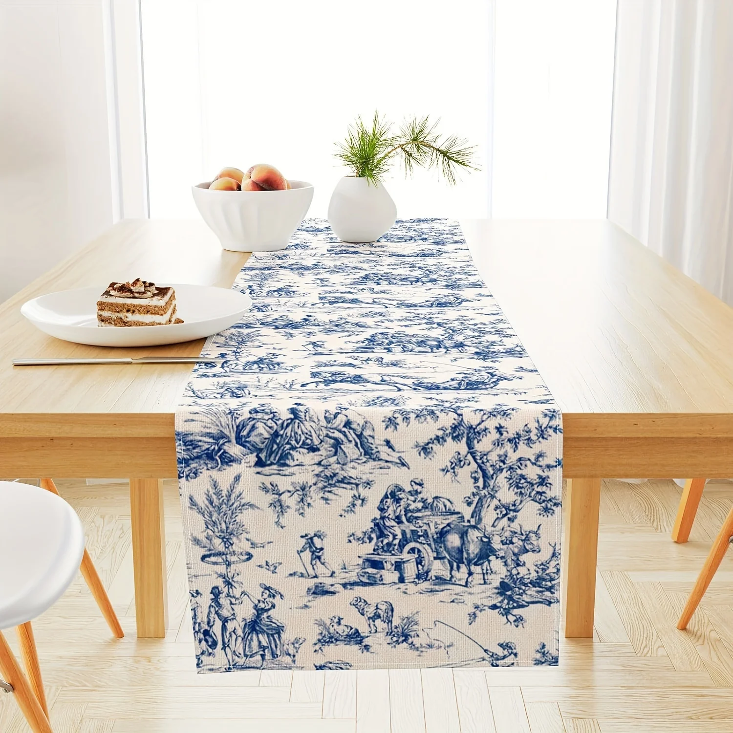 1 Piece of French Country Style Table Flag, Rice Bottom Blue Painted Retro Pastoral Character Scene Pattern, Suitable for French Restaurants, Retro B&Bs, Art Salons, Handicraft Markets, Home Decorations, Classy Tea Parties, Cultural Exhibitions, European Theme Parties