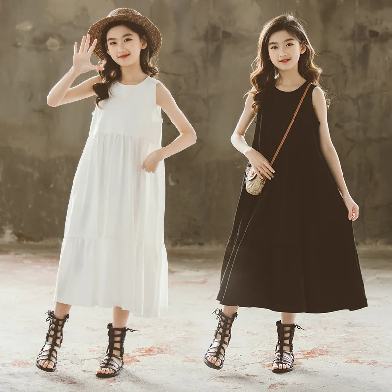 

2025Summer Korean Style Medium to Large Girls' Dress Artistic Long Dress Flared Backless Cake Beach Dress