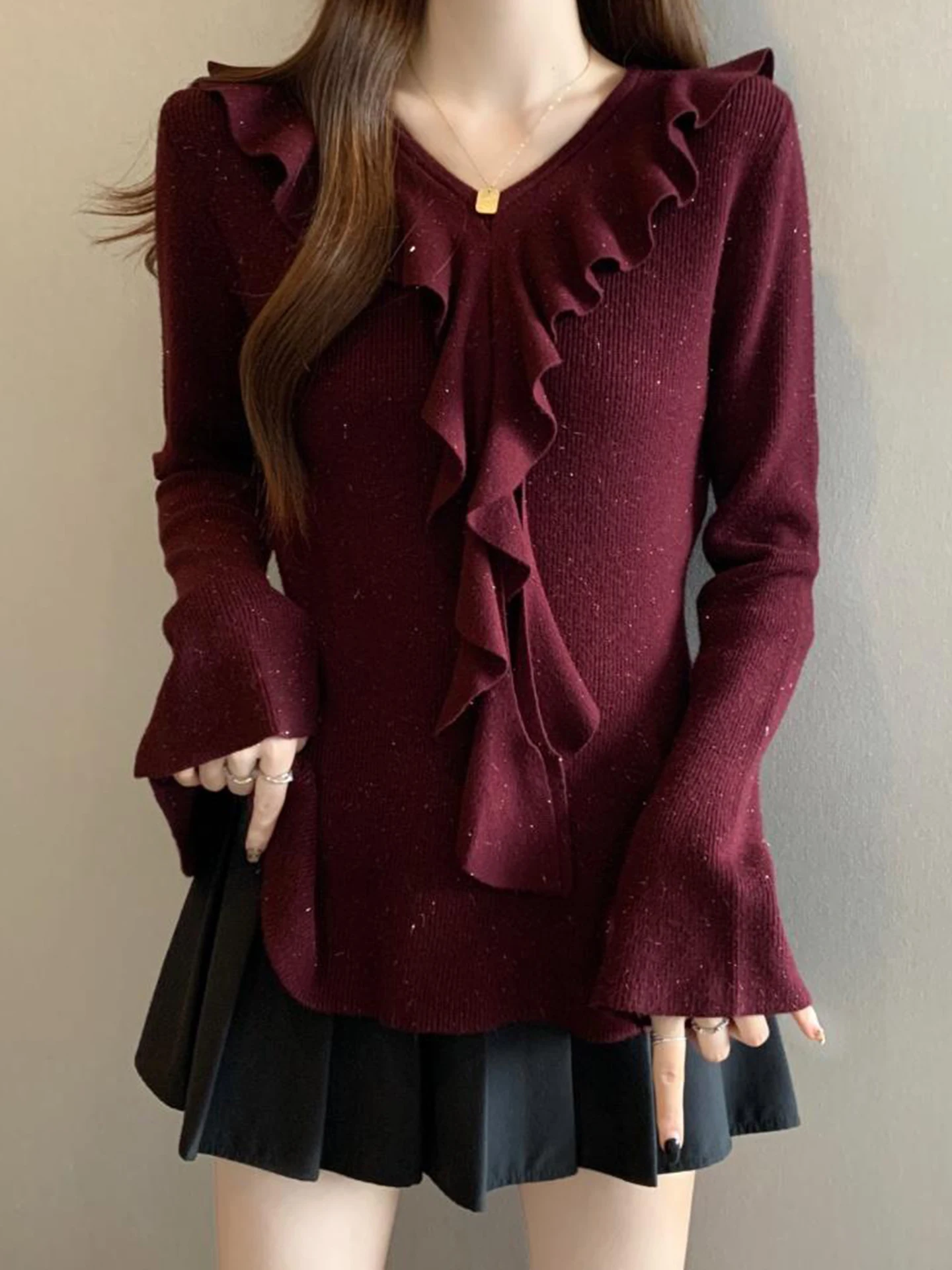 

Ele V-Ne Long Sve Knitted Top Women's Autumn plus Size Innerwear Outerwear Capable Base irt Upper Apparel