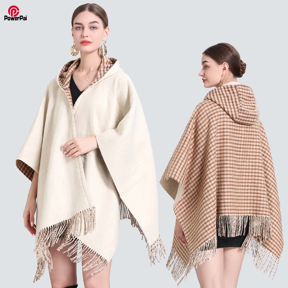 

Fashion Double Sides Imitate Cashmere Coat Cape Hood Thick Plaid Cardigan Women Autumn Winter Blends Cloak Overcoat Poncho