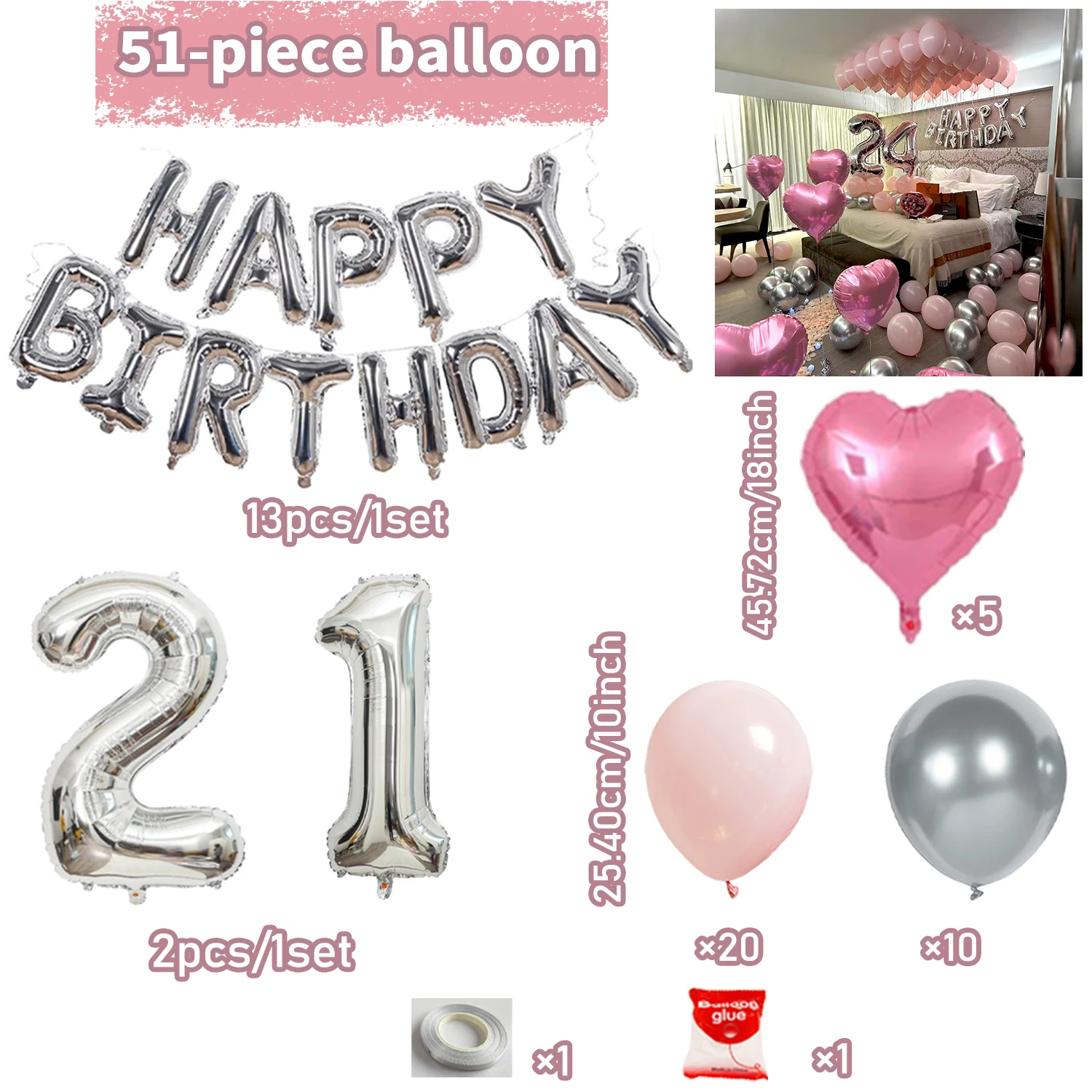 Rosa Silber Dekoratives Ballon-Set Silber Alles Gute zum Geburtstag Buchstabenballon für Damen und Mädchen Geburtstagsparty-Dekoration – Detail 6