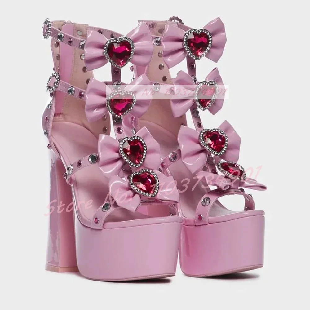Sandalias de plataforma con lazo para mujer, zapatos de tacón alto con cremallera, correa en el tobillo, punta redonda, Lolita dulce, fiesta, color rosa cristal