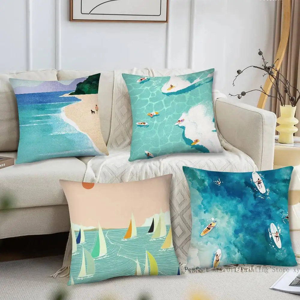 Vintage Maritime Surfing Beach Pillow Case Fashion Square Pillowcase Bedroom Sofa Room Ins Decoration Leisure