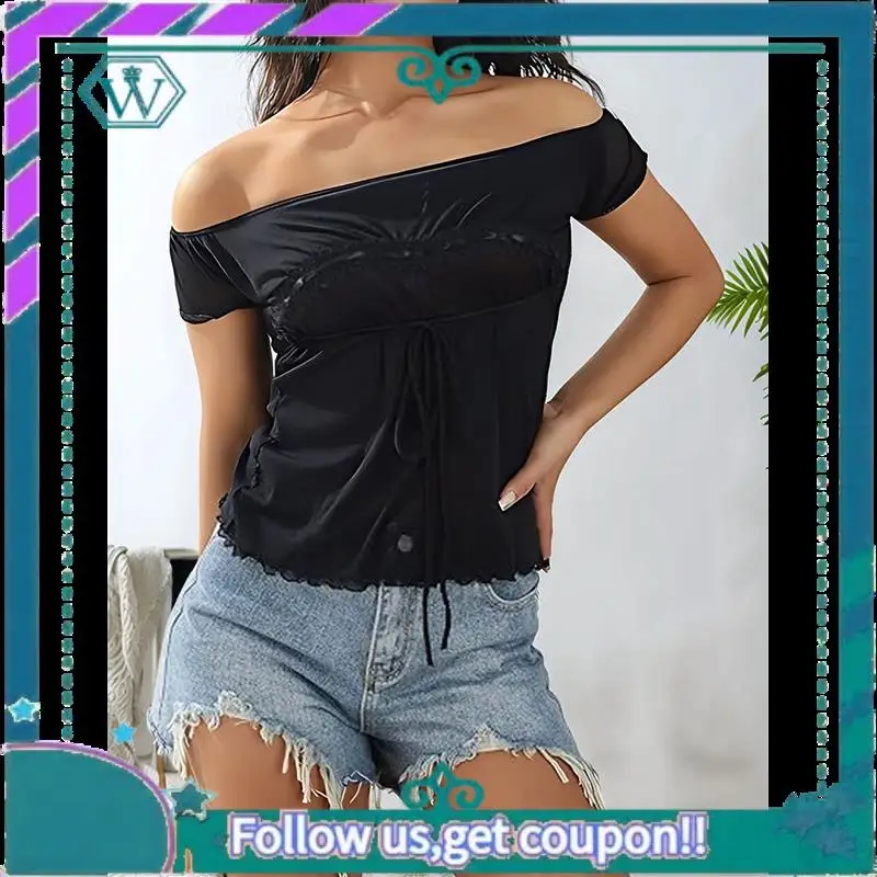 A09P Women Fairy Grunge Y2k Shirts See Through Square Neck Lace Patchwork Tops Vintage Goth Aesthetic Clothing