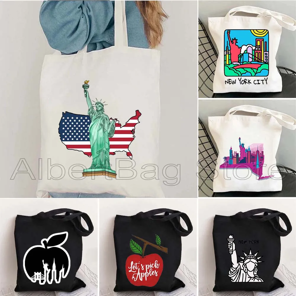 

New York City The Big Apple NY Gifts Statue Of Liberty Stamp San Francisco Alphabet Canvas Shoulder Totes Bag Harajuku Handbags