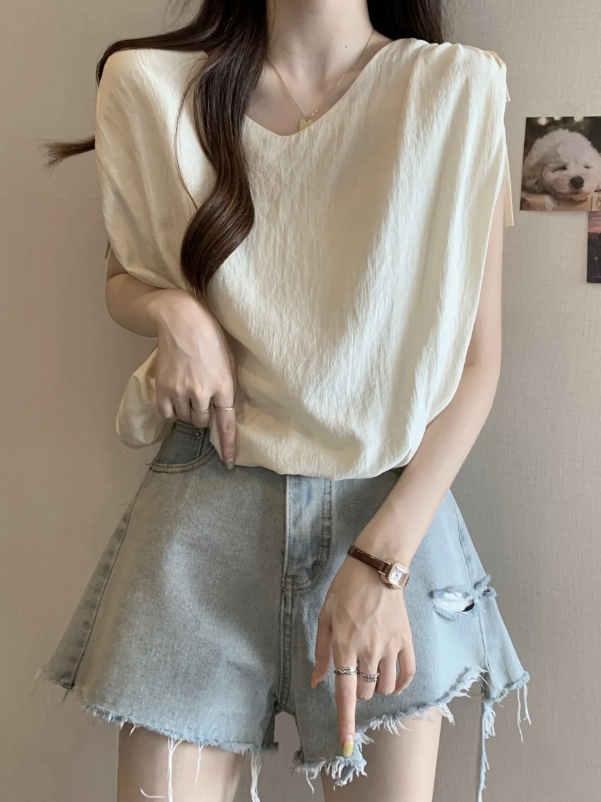 

Elegant V-Neck Sleeveless Women's Top Summer Slimming Cover-Up Chiffon Small Shirt Korean Style Loose Fit Creative Pattern