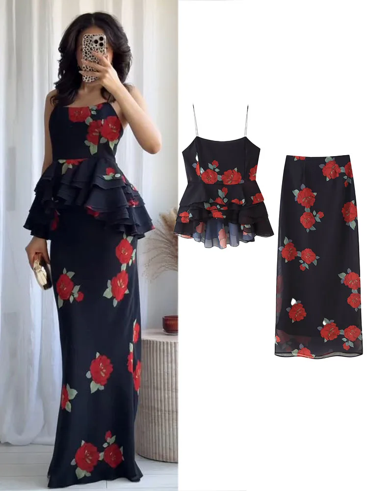 Set atasan dan rok wanita musim panas HH, seksi, 2 potong, motif bunga, atasan suspender dekoratif berlapis + rok midi ramping berpinggang tinggi