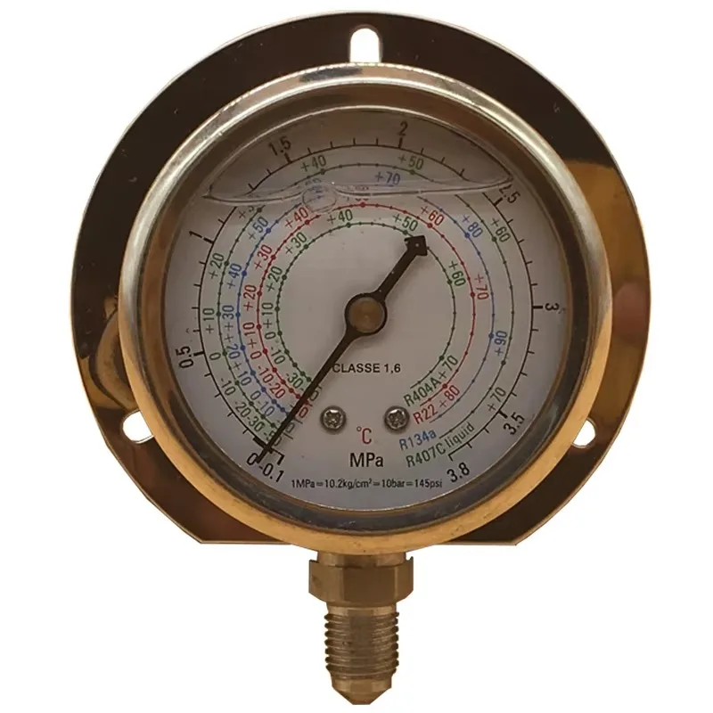 

A stainless steel coolant pressure gauge is installed into the discharge pipe to monitor pressure and temperature changes