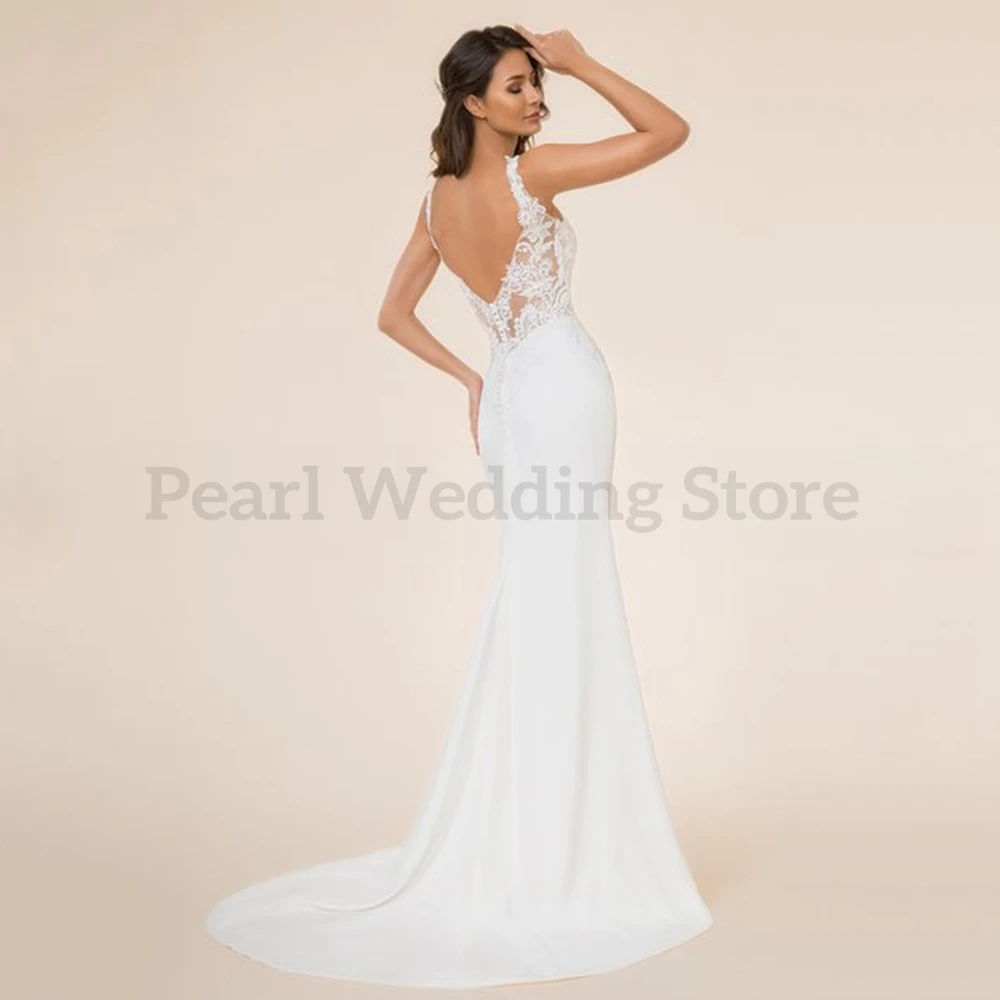 Elegante abito da sposa bianco di Appliques con scollo a v cinturino per Spaghetti senza schienale lunghezza del pavimento abiti da sposa estivi personalizzabili