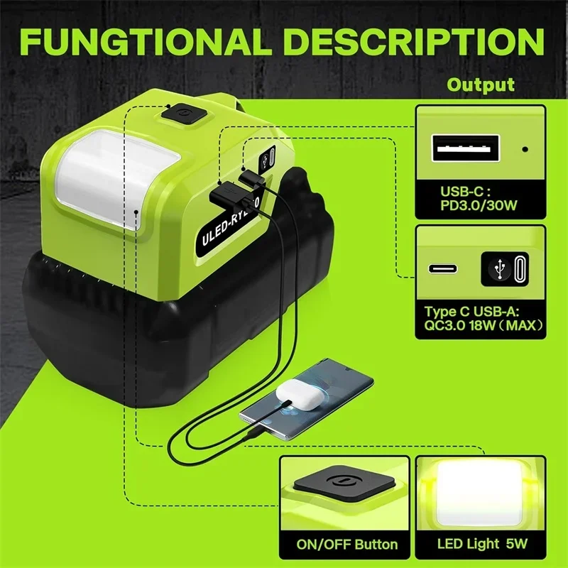 موصل محول الطاقة LED ضوء العمل لبطارية Ryobi 40 فولت 5 واط حامل بطارية الأضواء مع منفذ إخراج للاستخدام الخارجي