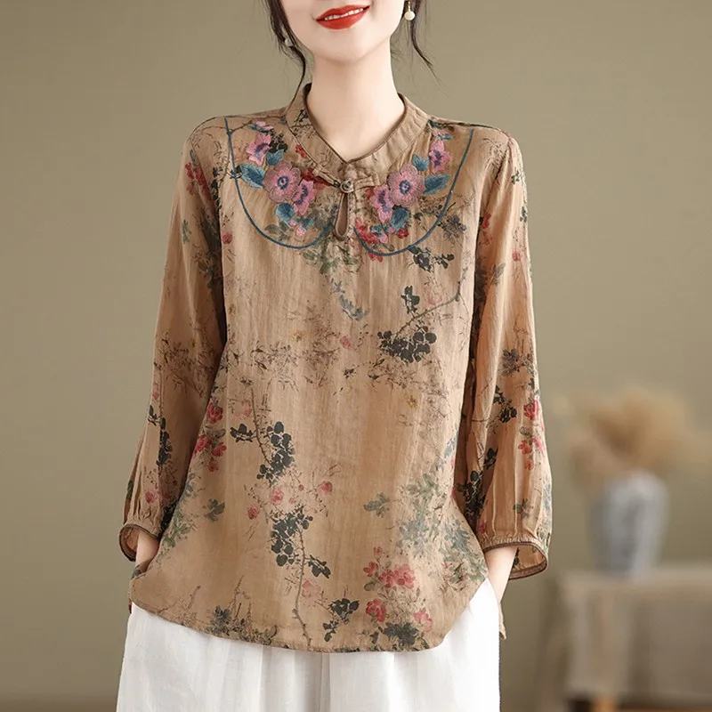 Women Long Sleeve Casual Blouses Shirts New Arrival 2024 Spring Chinese Style Vintage Floral Embroidery Loose Female Tops B3593