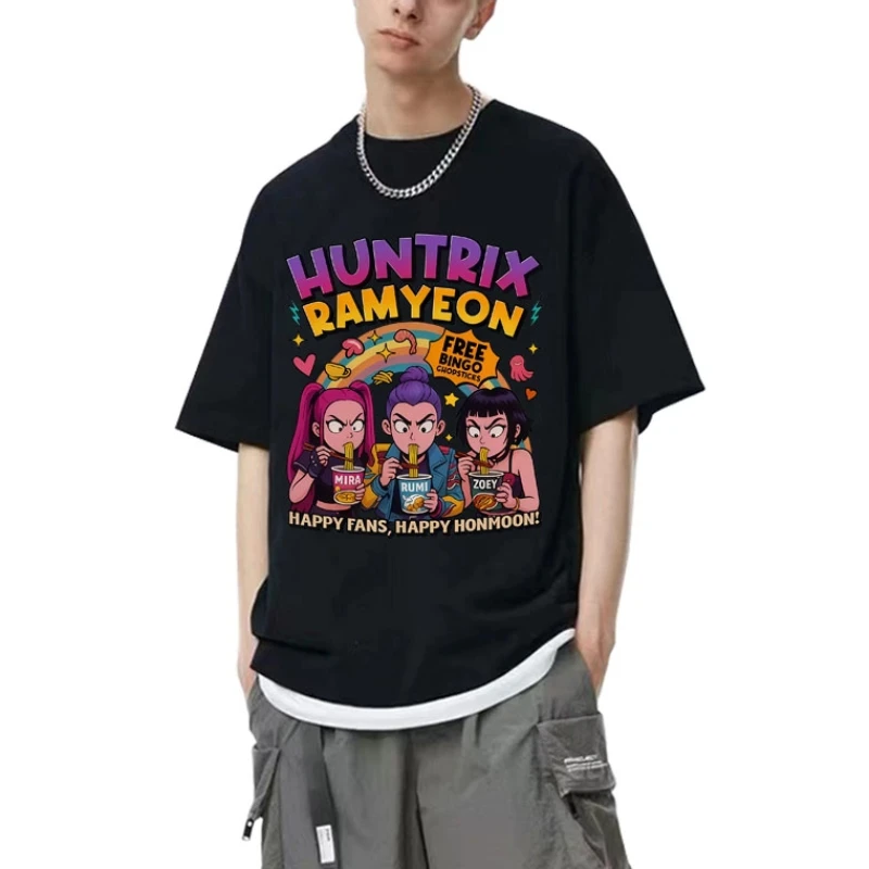 

Movie KPop Demon Hunters Rumi Mira Zoey Funny Eat Ramen T Shirt Men Women Clothing Cartoon Fashion Oversized Short Sleeve Tshirt