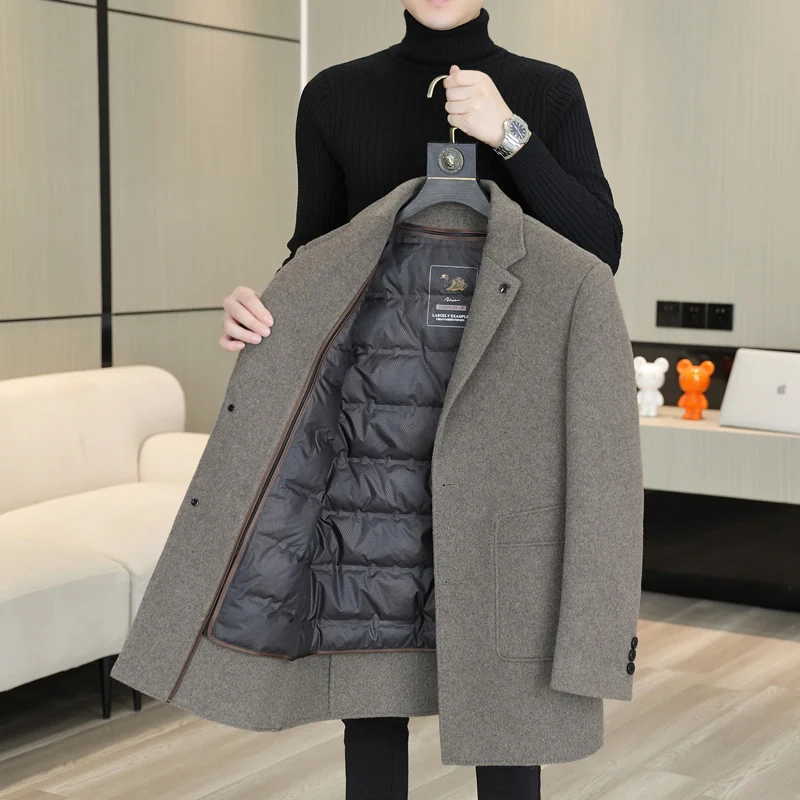 

TOP Men's Warm Detachable Duck Down Liner Woolen Coats Winter Casual Thicken Wool Windbreaker Puffer Jackets Outwear Overcoat