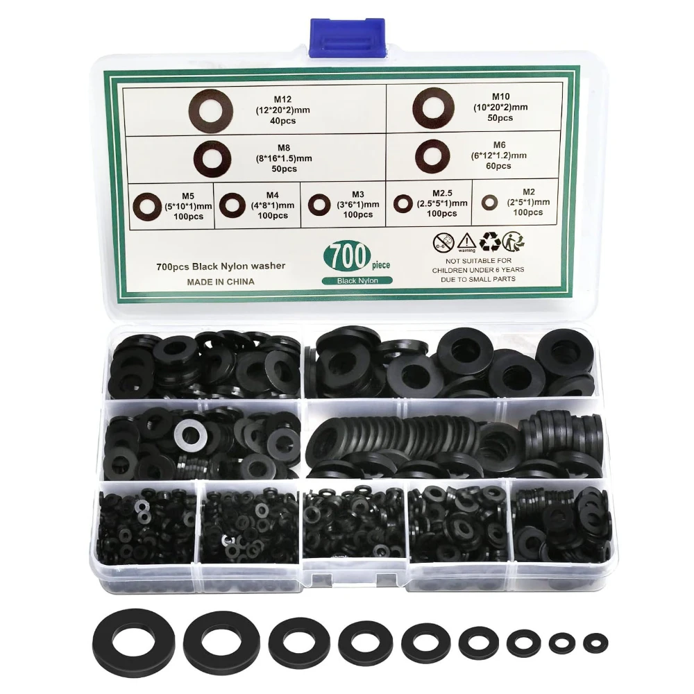 700 Pcs M2-M12 Black and White Nylon Flat Gasket Set Black Insulating Rings Gasket White Plastic Gasket Washers Diameter 10mm