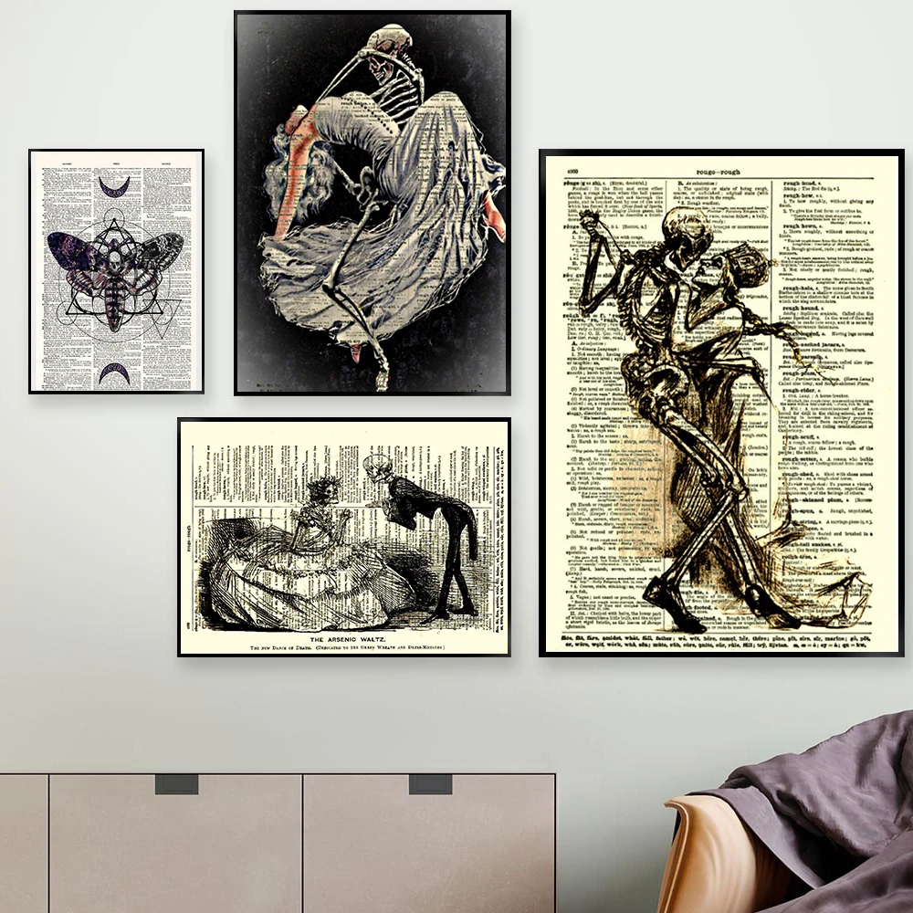 Dances With Death Art Printed On An Antique Dictionary Page Gothic Skeleton Victorian Dance Macabre Canvas Painting Poster Decor