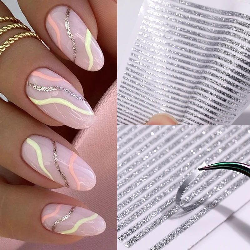 3D Lines Nail Stickers Silver Rose Gold Metal Stripe Letters Decals Curve Gel Nails Art Sliders Manicure Decor