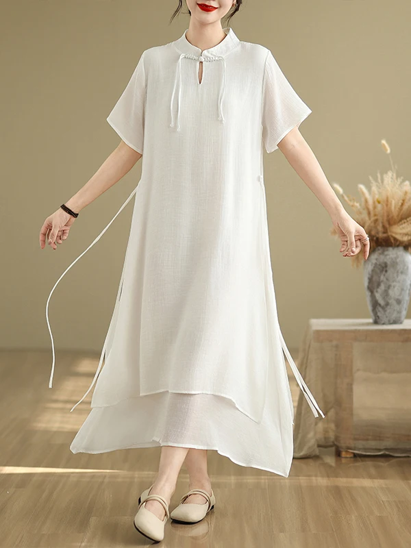 Verão novo estilo chinês retro aodão linho vestido de manga curta f gola dupla camada  saia midi vestido