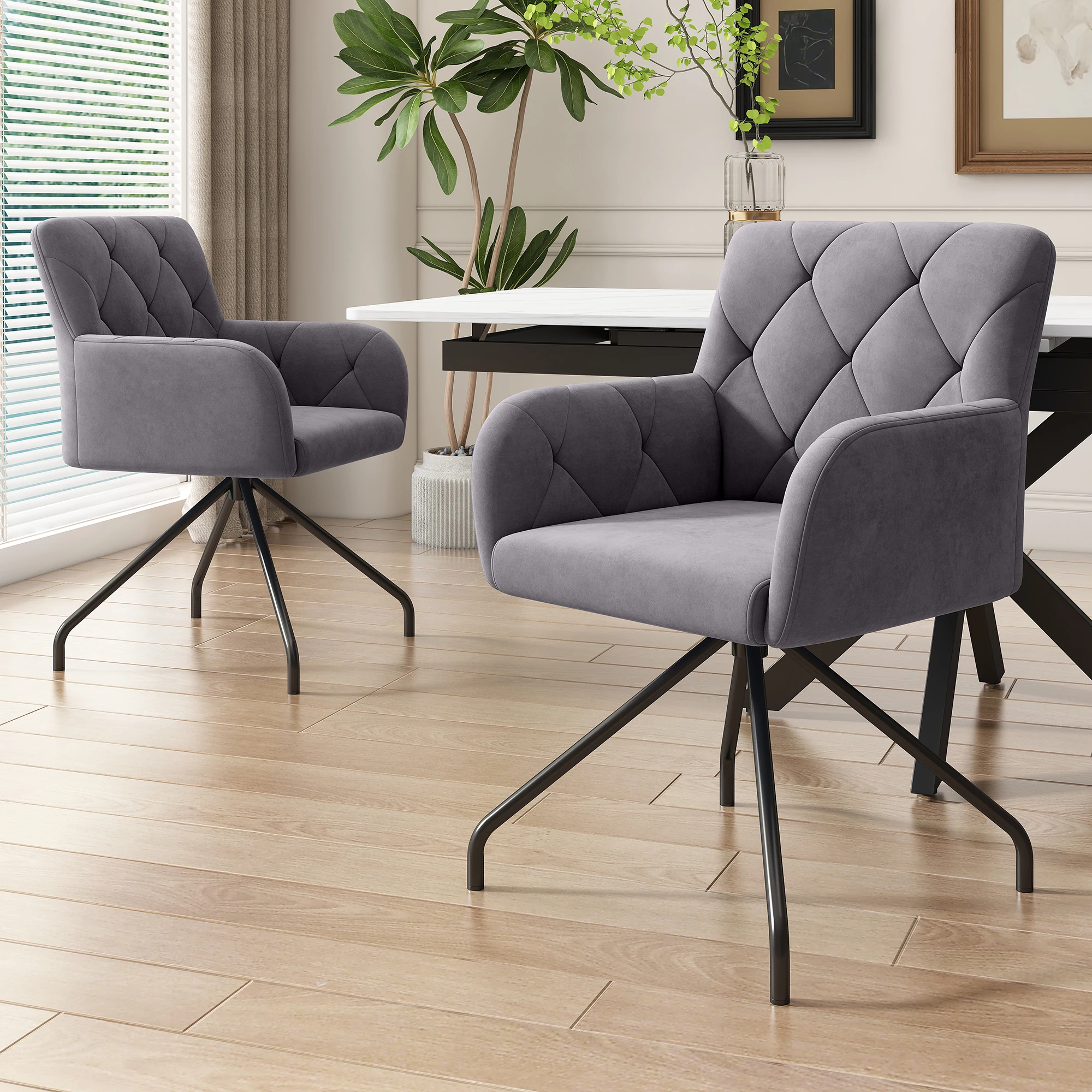 Ensemble de 2 chaises de salle à manger, accoudoirs ergonomiques et structure en métal pour salon/chambre, velours-gris foncé