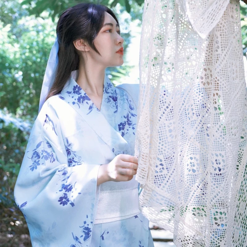 

Japanese Style Watercolor Print Kimono Dress Women's Formal Wear Personal Photography Dress Traditional Ethnic Stage Costume