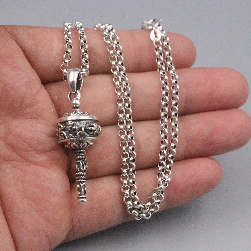 

Solid 925 Sterling Silver Six-words Prayer Wheel Pendant + Rolo Link Chain 20"