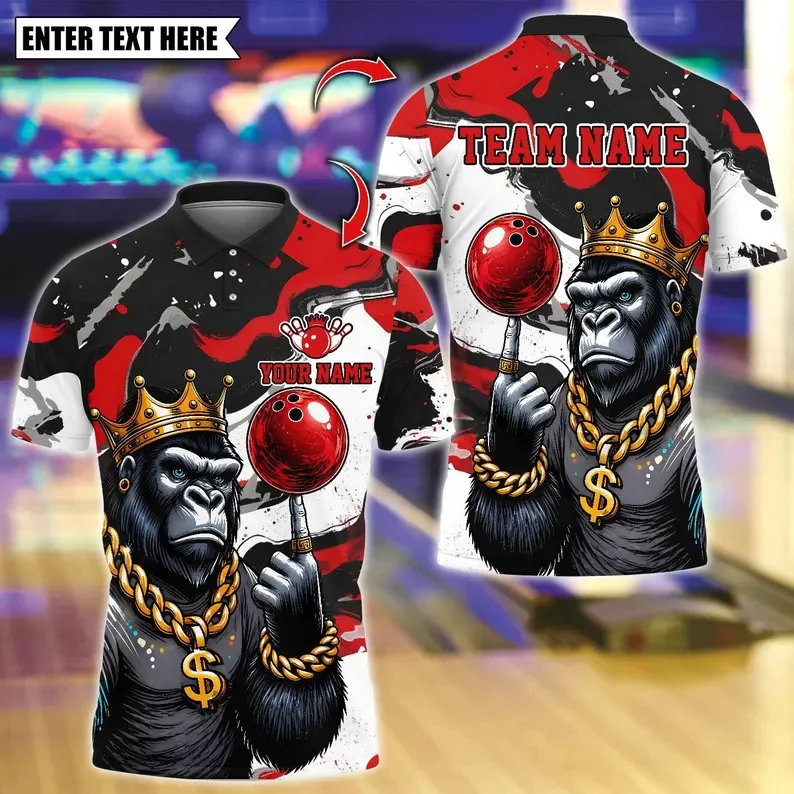 Personalized Custom Bowling Polo Shirt Men Custom Name Team Name Crown Gorilla Bowling Graphic Short Sleeve Bowling Team Jersey