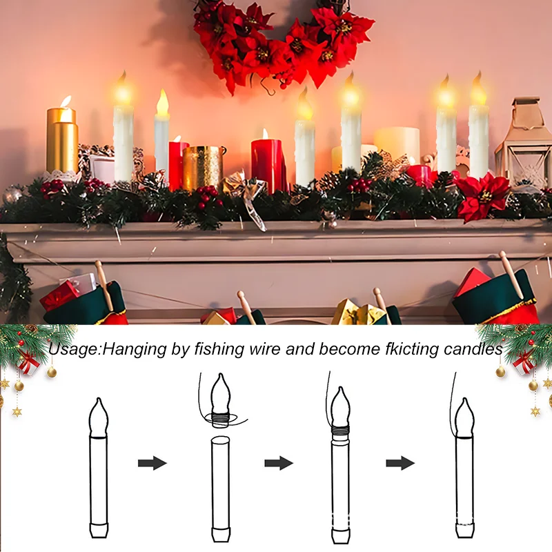 Hanging Flameless Candles with Wand Remote Control LED Floating Candles Handheld Candlesticks for Christmas Halloween Party