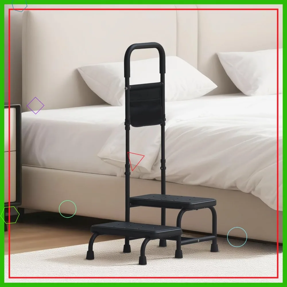 2-Step Stool with Adjustable Handrail for Elderly, Portable Non-Slip Footstool for High Beds & Kitchen Use