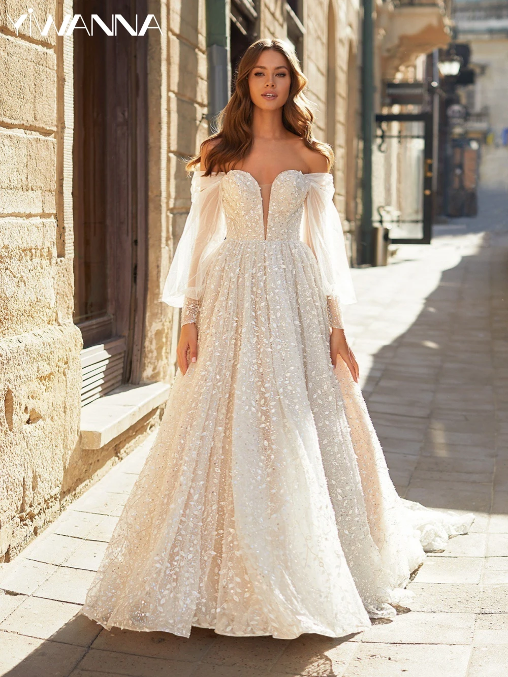 

Graceful Off The Shoulder Wedding Dress Sparkly Sequins Beads Bride Robe Vintage Appliques Long Bridal Gown Robe De Mariée