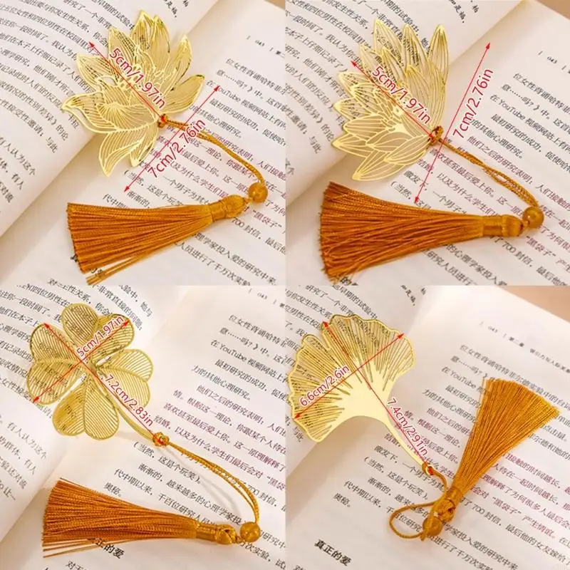 C90C 4Pcs Vintage Bookmarks Metal Leaf Bookmarks with Pendant Classical Bookmarks Set