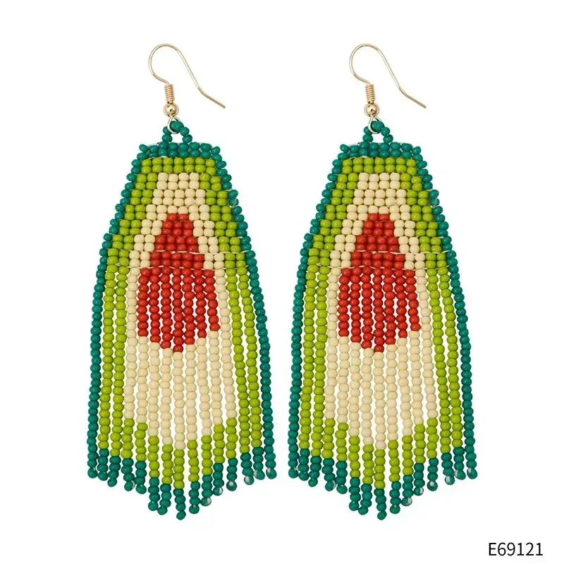 

Beaded earrings Tassel Fruit Avocado Female Versatile Tidal current Bohemia Pattern Hand weaving Alloy Beaded earrings