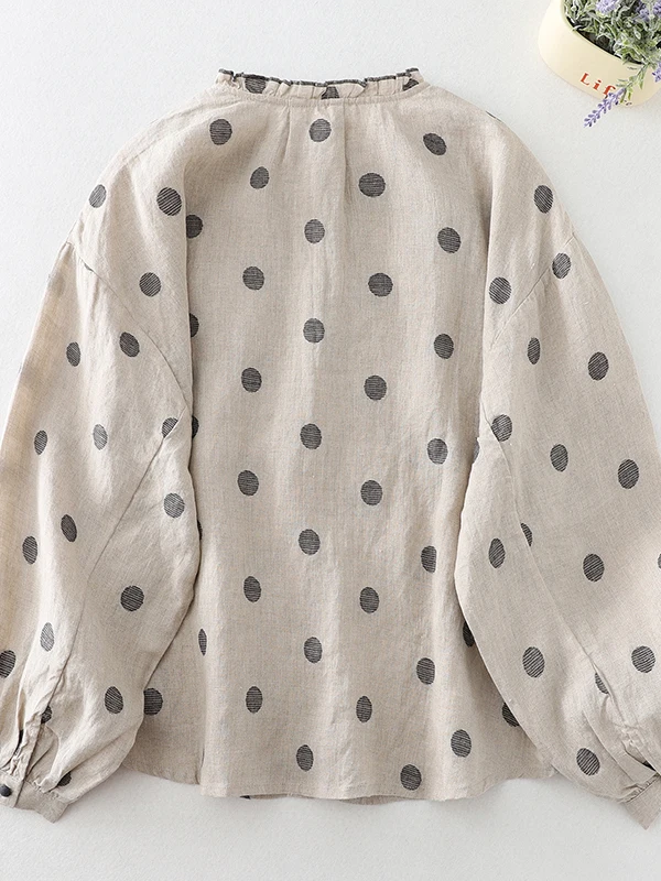 High-End Japanese Style Polka Dot Raindrop Linen Shirt Large Size Ear Mushroom Collar Retro National Style Original Countrysi...