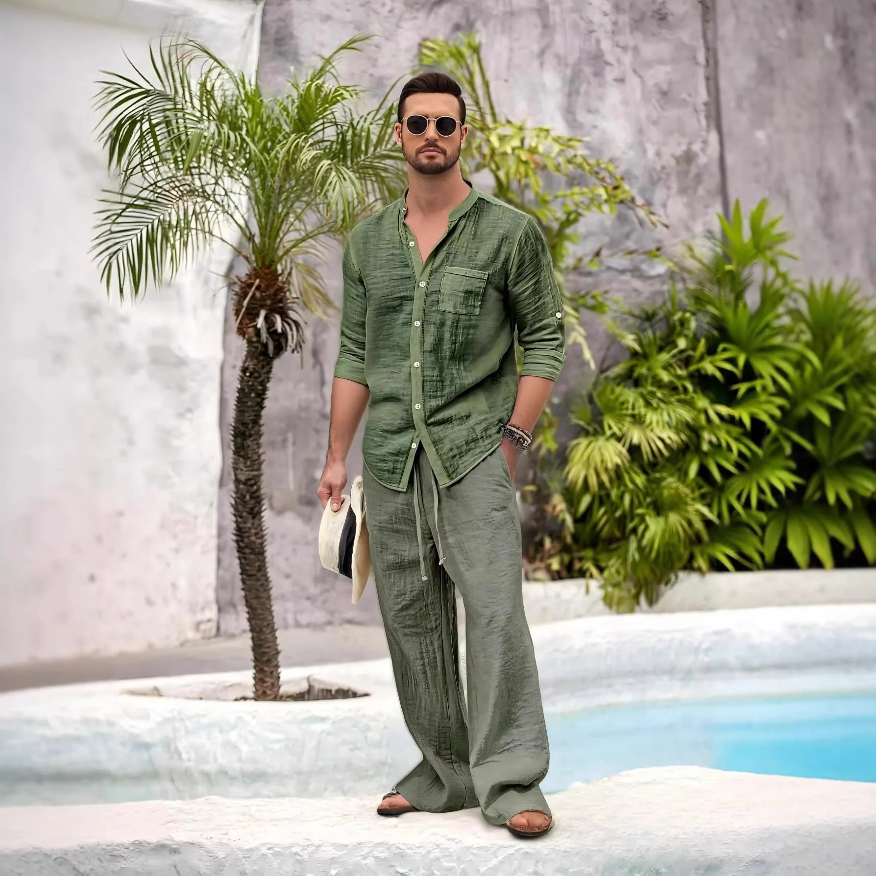 

2026 New Women's Linen Set Elegant Stand Collar Shirt Modern Pocket Linen Pants 2-Piece Outfits Spring Casual Loose Fit Set