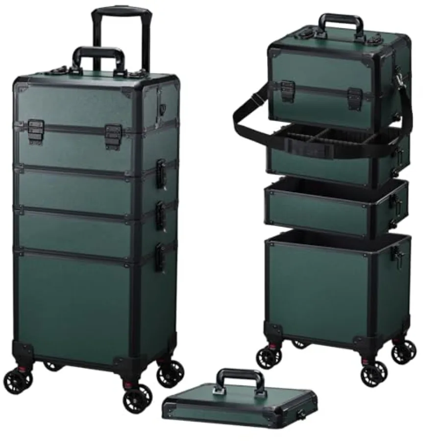 Rolling Makeup Case with Lid 5 in 1 Cosmetology Case on Wheels Dark Green Large Cosmetic Trolley Organizer Professional Salon B