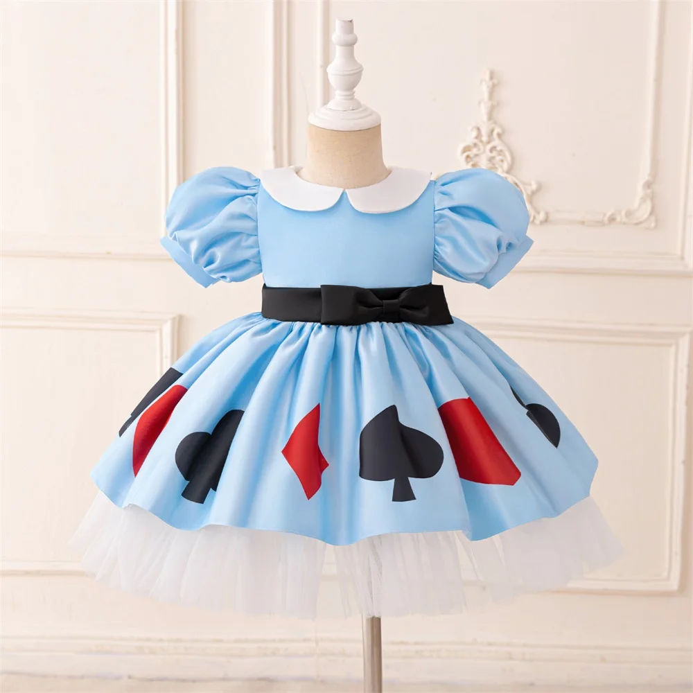 

Baby Blue Alice In Wonderland Princess Gown Girls Clubs Red Heart Print Dresses Kids Fashion Holiday Costume With Bow Clothing