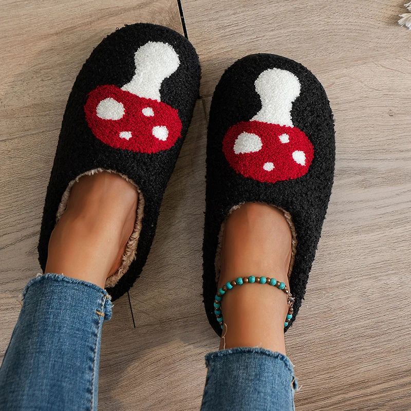 Fashion Mushroom Slides Slippers Shoe Women Flat Footwear Winter Home Slippers Woman Man Fulffy Fur Slides Indoor House Shoes