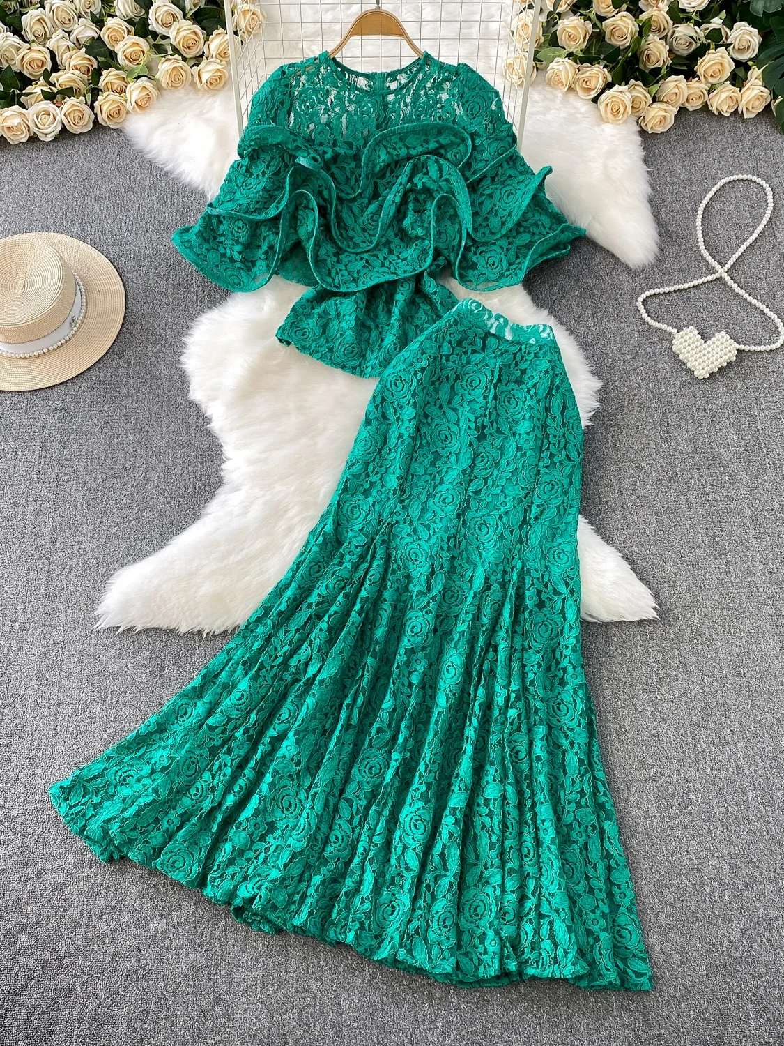 

Ele Lace ter Ne ort Sve Топ и юбка с высокой талией Fi Tail, комплект из двух предметов для молодых женщин, летняя мода