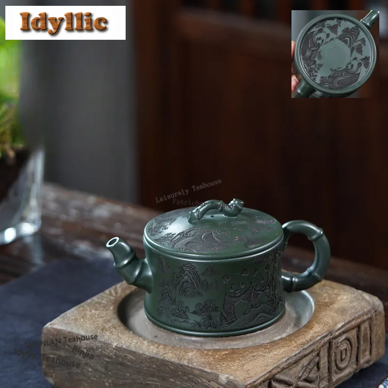 

320ml Ancient Yixing Purple Clay Teapots Handmade Big Caliber Bamboo Section Pot Raw Ore Green Mud Kettle Zisha Tea Set Craft