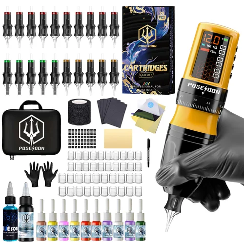 Kit de tatuaje POSEIDON V5, nuevo Kit de pluma de tatuaje amarillo para maquillaje permanente, Kit de máquina de tatuaje, Kit de pistola de tatuaje inalámbrica ajustable