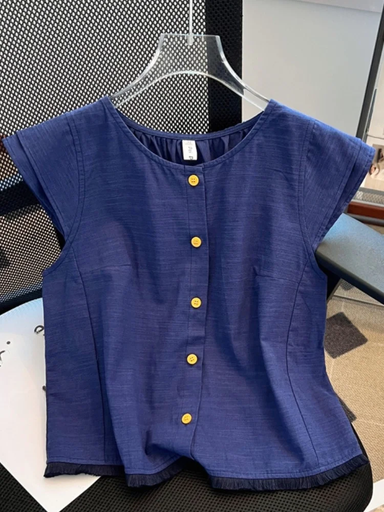 

Korean Sle round Ne ort Svel Women's irt Vest Summer Outerwear Loose Fit Button Detail Commute Faion