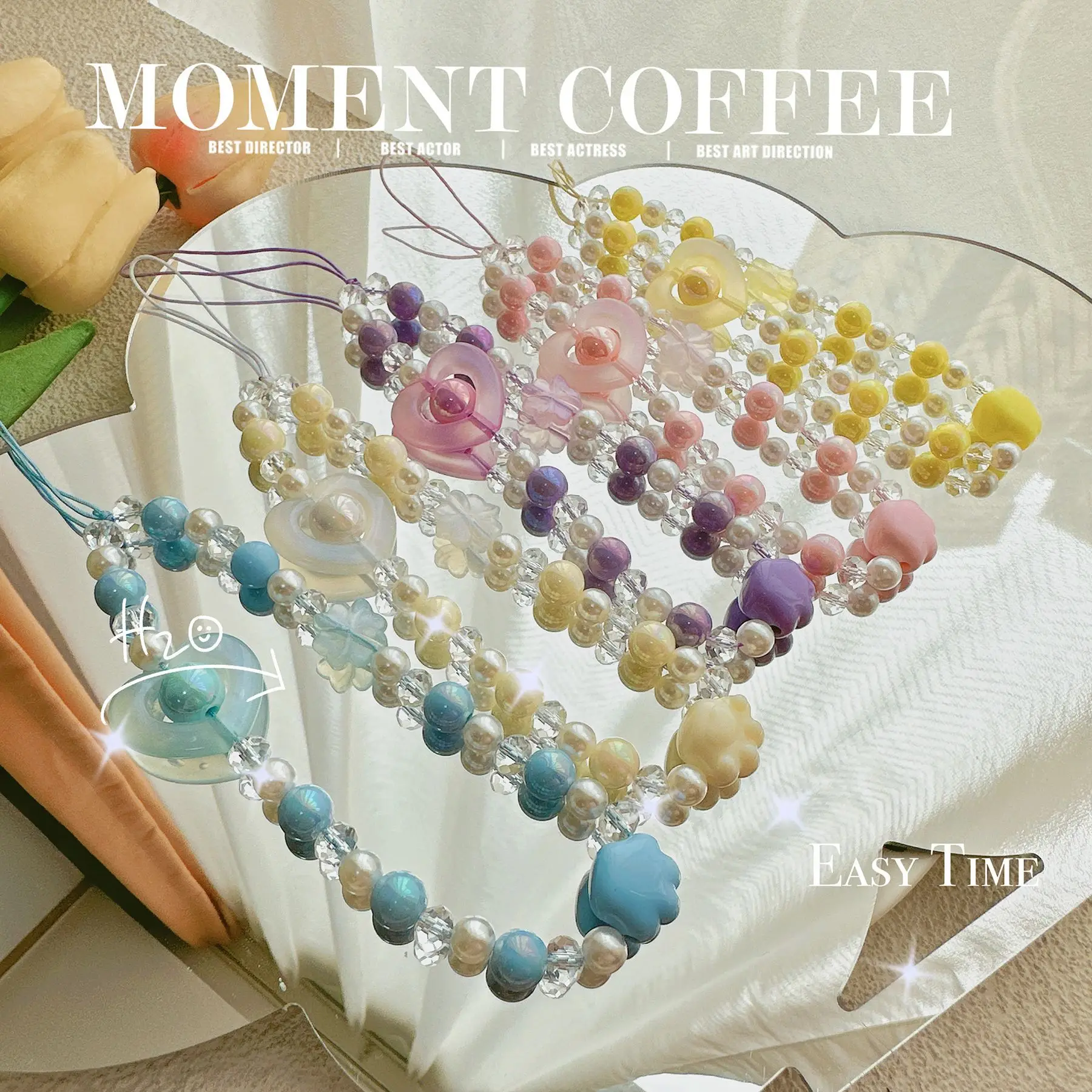 Fresh and light color, heart-shaped cat paw DIY beaded mobile chain, mobile case accessory, mobile string pendant.