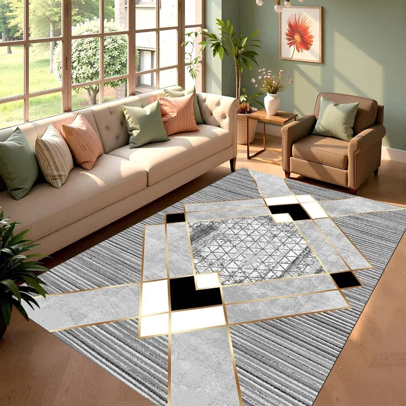 Red White Geometric Block Area Rug, Modern Abstract Print Floor Mat, Stylish Living Room Decor Carpet