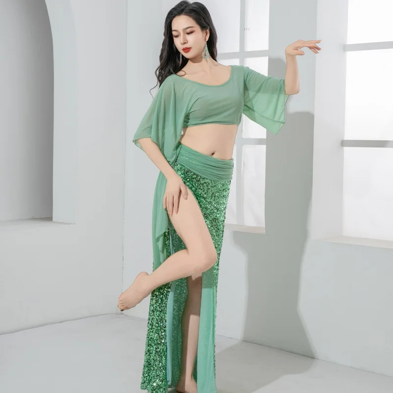

women's belly dance performance costume mesh top and sequin skirt set adult Oriental dance professional practice outfit