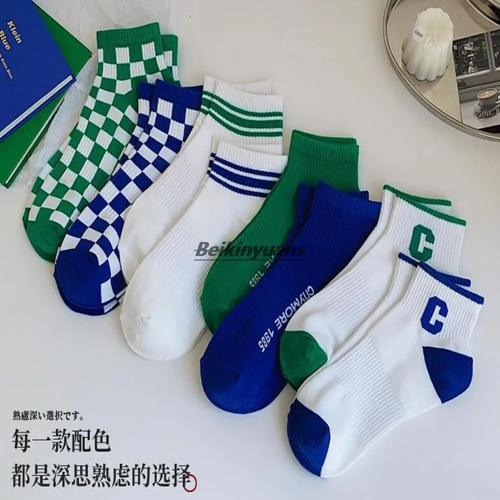 

New spring and summer online celebrity checkerboard letter big C Klein blue tube combed cotton socks boat socks