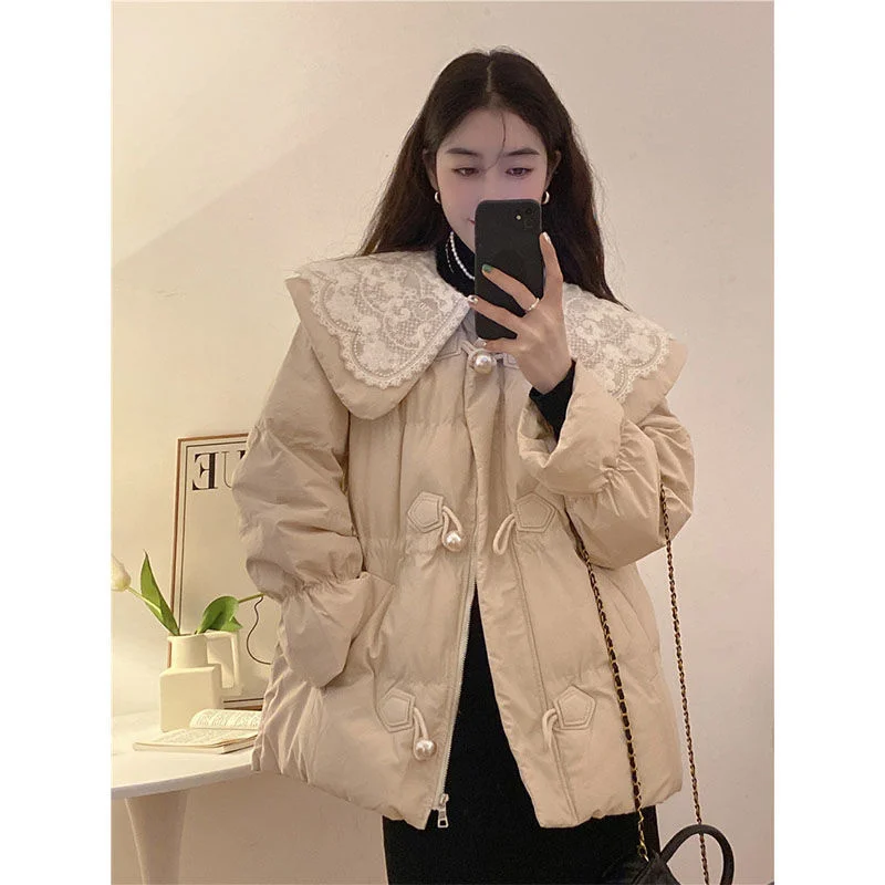 Lace Doll Neck Design Feeling Cotton Coat Women\'s Winter 2023 New Sweet Age Reducing Loose Long Sleeve Cotton Coat Warm Cardigan