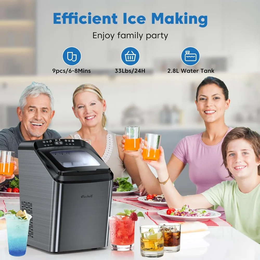 Ice Makers Countertop Self Cleaning 33Ibs, Thick Insulation Foaming Layer Heavy-Duty Stainless Steel Bullet Ice Machine, Black