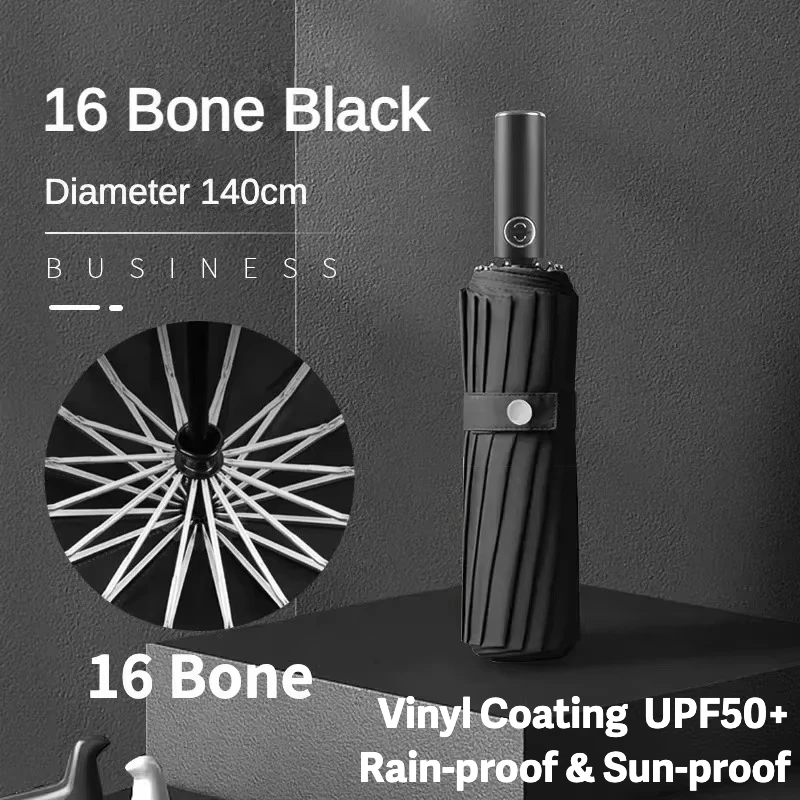 140CM Large Automatic Folding Umbrella for Men, UV UPF50+ Protection, Reinforce Windproof Strong, Sun and Rain Umbrellas Parasol