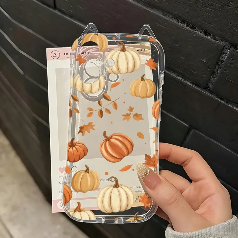 Autumn Pumpkin Falling Leaves Pattern Phone Case for IPhone 17 16 15 14 13 12 11 Plus Pro Max 17 Air Soft Silicone Clear Cover view 5