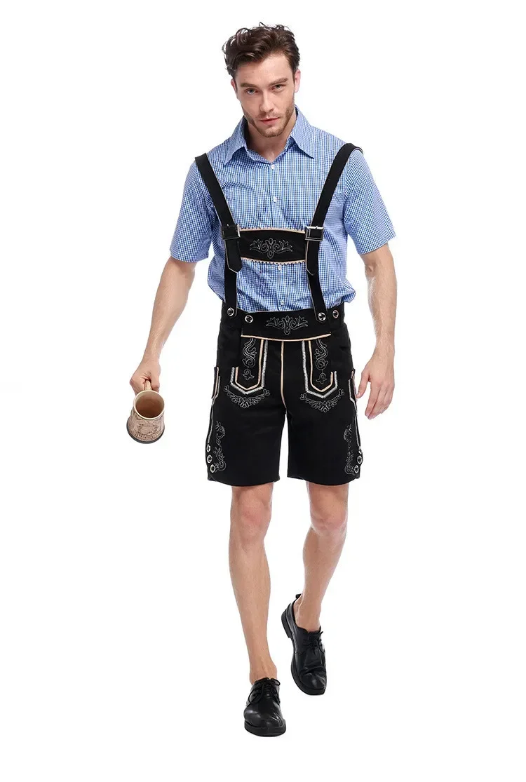 Heren Duits Oktoberfest Lederhosen Kostuum Korte Mouw Geruit Shirt Bretels Broek Set Bier Festival Mannelijke Halloween Cosplay