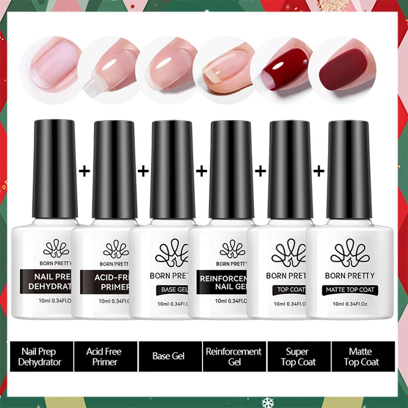 BORN PRETTY 6 ชิ้นฐานเจลชุด Matte Top Coat เสริมกึ่งถาวรเคลือบเล็บ Hybrid Soak Off UV LED เจล